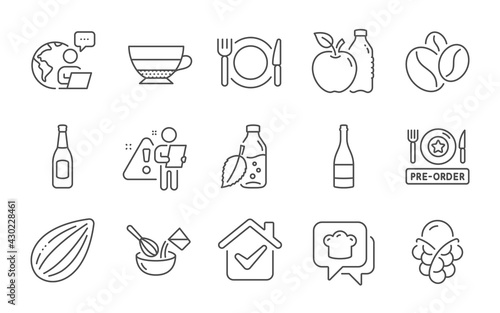 Beer, Americano and Ice cream line icons set. Pre-order food, Coffee beans and Champagne bottle signs. Apple, Almond nut and Cooking hat symbols. Line icons set. Vector