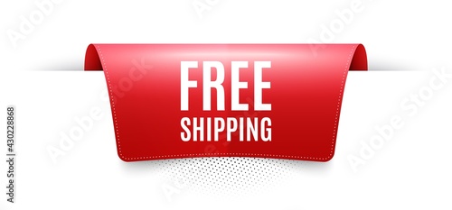 Free shipping. Red ribbon label tag. Delivery included sign. Special offer symbol. Infographics price tag banner. Free shipping badge shape. Website ribbon label banner. Vector