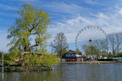 Canals and the River Avon, and a view of the Ferris wheel in Stratford-upon-Avon, April 24, UK 2021