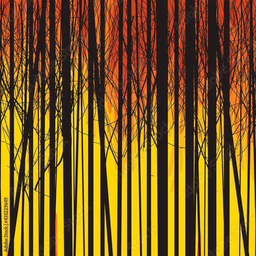 Eco poster concept with flaming forest. Vector background or illustration in black and orange colors with silhouettes of young slender trees on the backdrop of wildfire. Save the Forest.