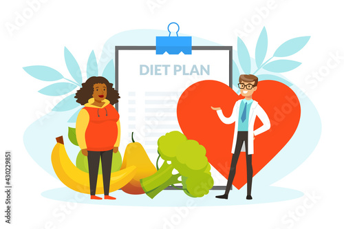 Healthy Male Nutritionist Doctor Consulting Overweight Woman, Diet Plan, Nutrition and Dieting Cartoon Vector Illustration