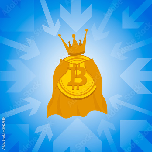 Bitcoin is the focus. The gold coin of the virtual crypto currency in the center is surrounded by arrows aimed at it. Arrows in a circle are directed to the center. Banner template