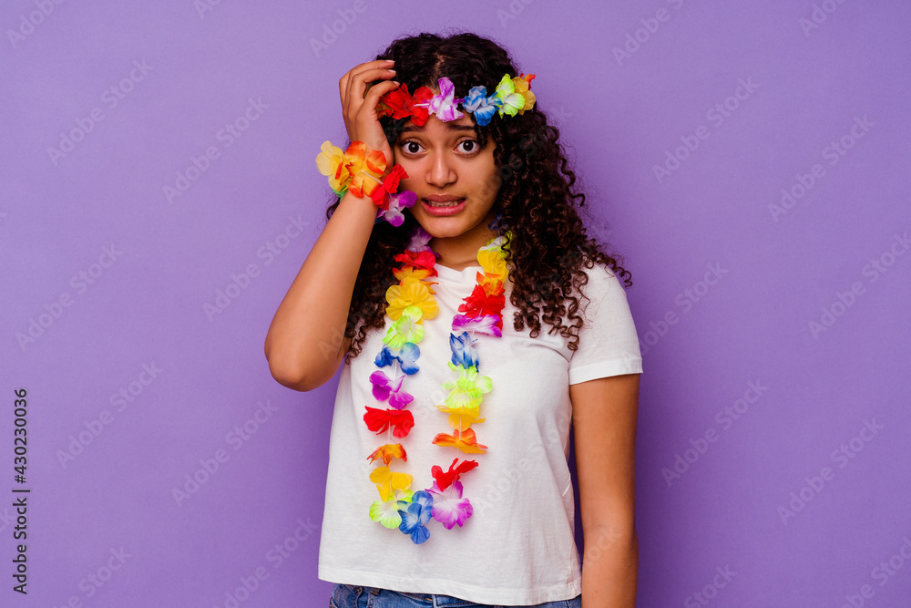 Young Hawaiian woman isolated on purple background being shocked, she has remembered important meeting. Young Hawaiian woman isolated on purple background being shocked, she has remembered important meeting.