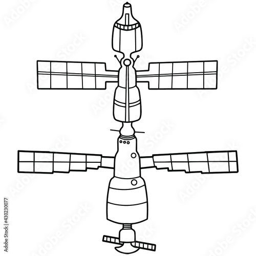 linear black and white image of a solar-powered space satellite.