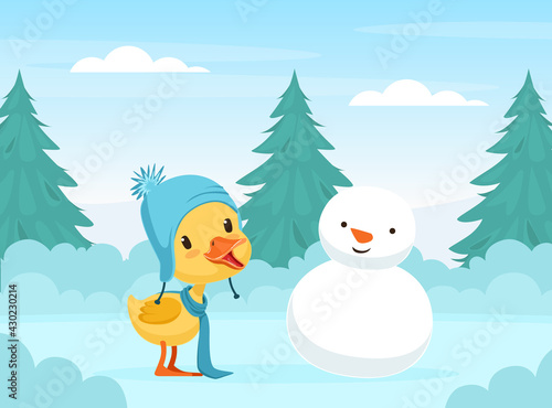 Cute Duckling Baby Making Snowman on Beautiful Winter Landscape Vector Illustration