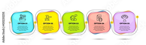 Reception desk, Internet document and Judge hammer line icons set. Timeline process flowchart. Winner cup sign. Hotel service, Web page, Judgement. Dog competition. Vector