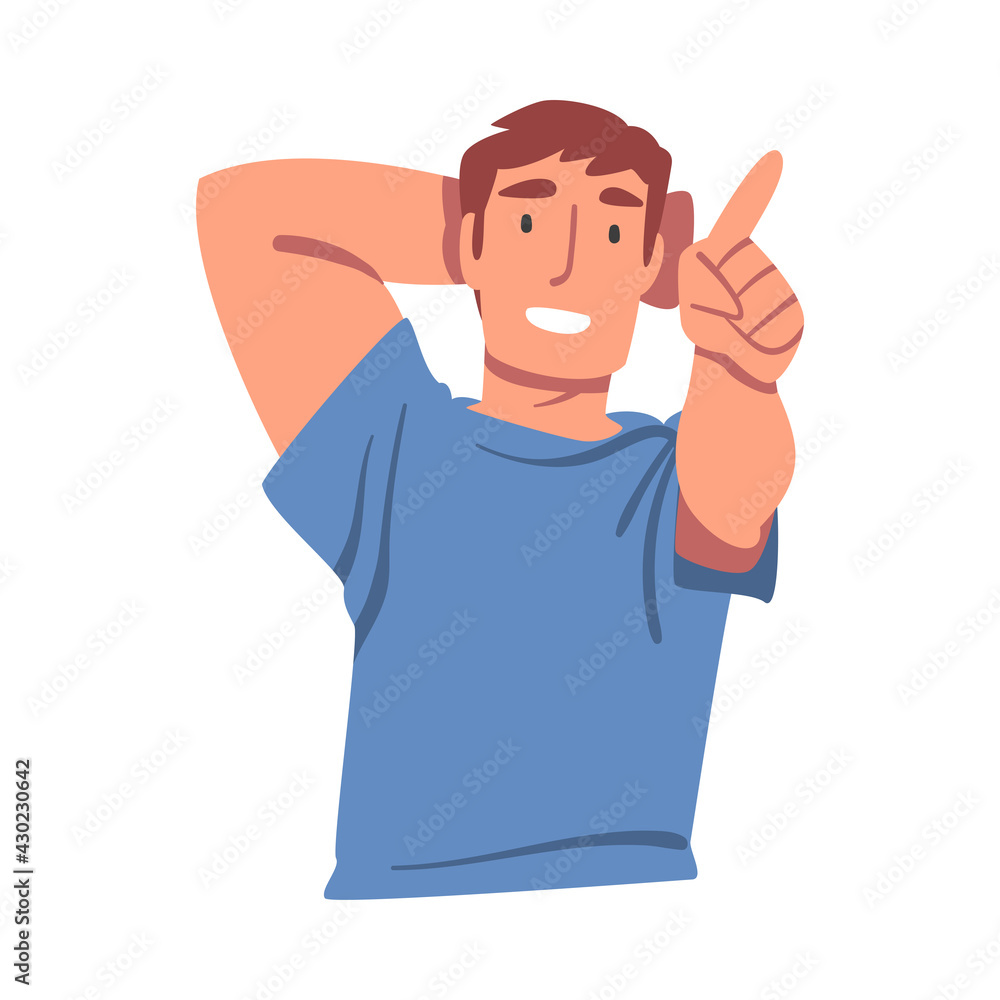 Top View of Lying Young Man, Smiling Man Lying on Isolated White Background Looking Up and Pointing with his Finger Vector Illustration Top View of Lying Young Man, Smiling Man Lying on Isolated White Background Looking Up and Pointing with his Finger Vector Illustration