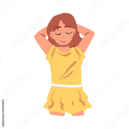 Cute Girl Lying with Hands behind her Head, View from Above of Cheerful Child Lying on Isolated White Background Vector Illustration