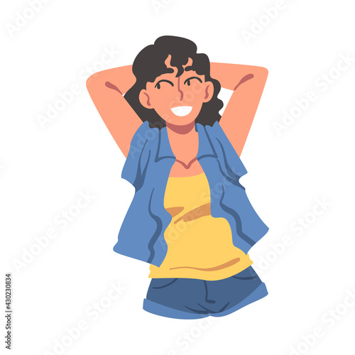 Smiling Woman Lying with Hands behind her Head, View from Above of Happy Woman Lying on Isolated White Background Vector Illustration