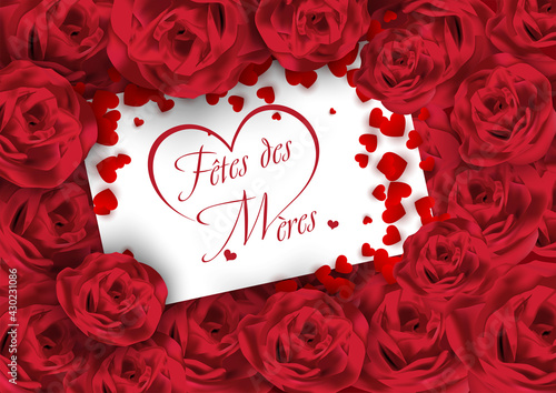 carte ou bandeau sur La Fête des Mères en rouge avec un demi coeur de dessiner des petits coeurs tout autour sur un rectangle blanc et tout autour des roses rouge 