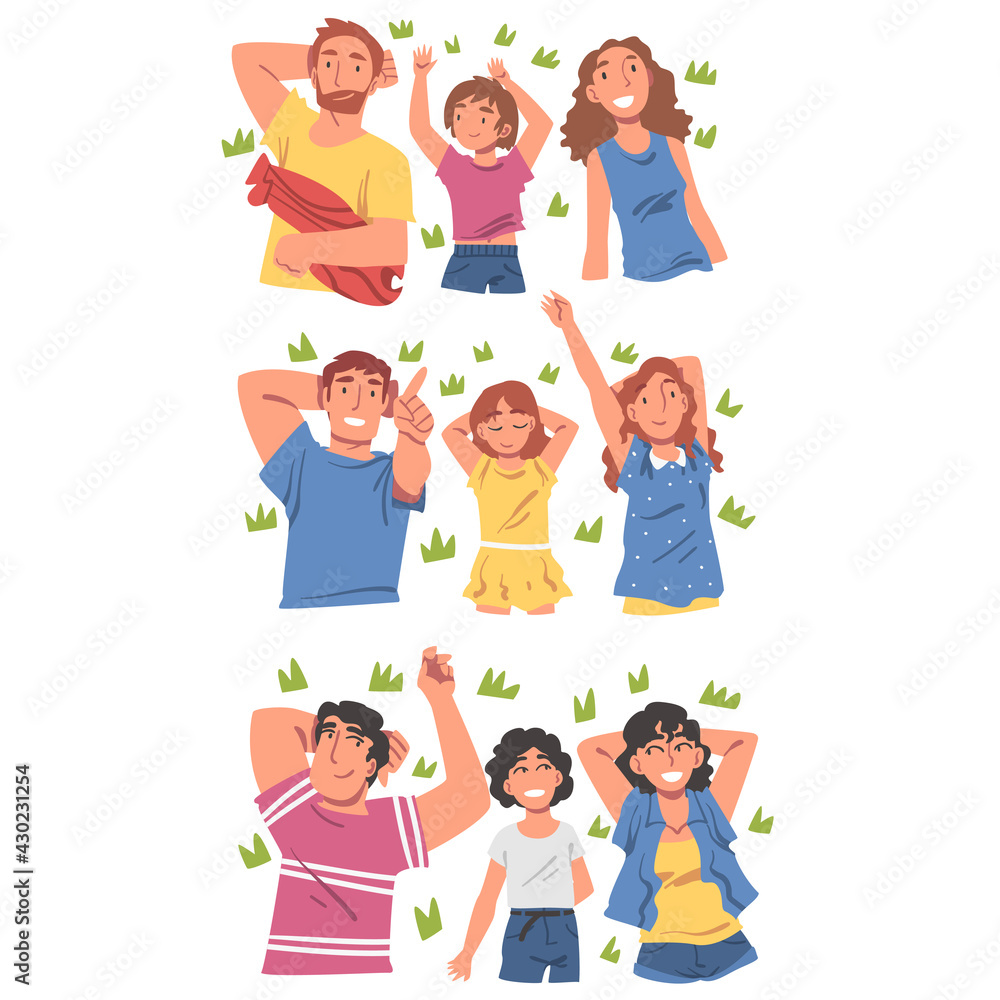 Lying People Set, View from Above of Happy Families Lying on Isolated White Background and Looking Up Vector Illustration Lying People Set, View from Above of Happy Families Lying on Isolated White Background and Looking Up Vector Illustration