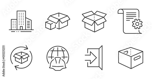 Return parcel, Packing boxes and Buildings line icons set. Office box, Global engineering and Open box signs. Exit, Technical documentation symbols. Quality line icons. Return parcel badge. Vector