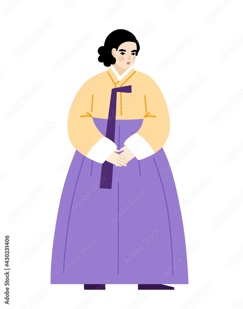 Korean woman in hanbok. Portrait of girl wearing traditional clothes, national costume. South Korea. Flat hand-drawn illustration. Korean woman in hanbok. Portrait of girl wearing traditional clothes, national costume. South Korea. Flat hand-drawn illustration.