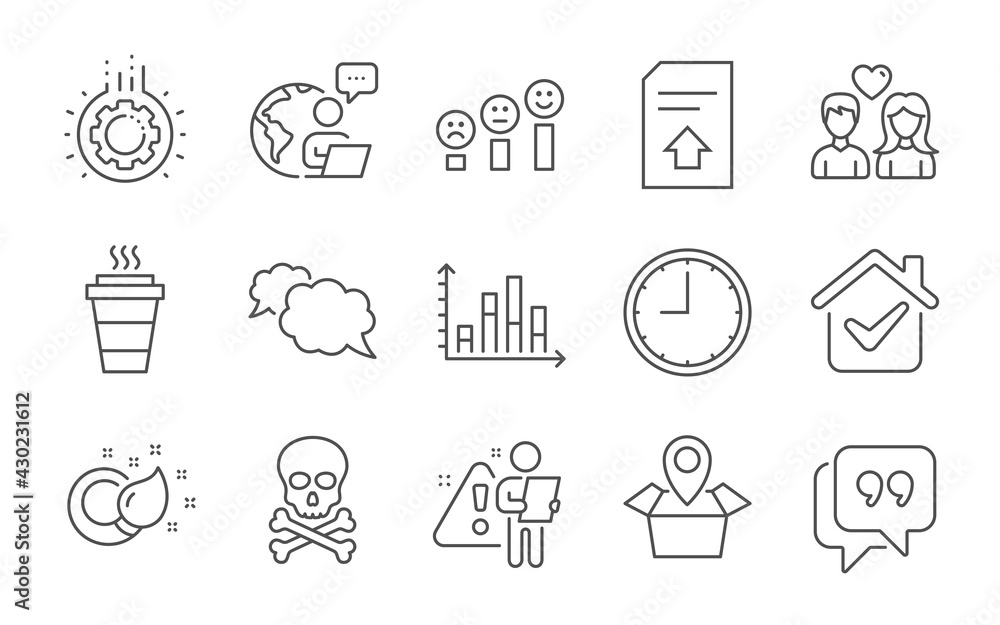 Upload file, Quote bubble and Paint brush line icons set. Messenger, Chemical hazard and Takeaway signs. Diagram graph, Package location and Time symbols. Line icons set. Vector Upload file, Quote bubble and Paint brush line icons set. Messenger, Chemical hazard and Takeaway signs. Diagram graph, Package location and Time symbols. Line icons set. Vector