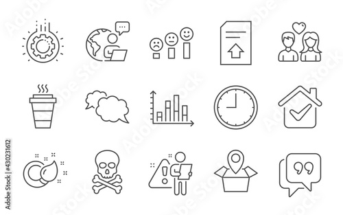 Upload file, Quote bubble and Paint brush line icons set. Messenger, Chemical hazard and Takeaway signs. Diagram graph, Package location and Time symbols. Line icons set. Vector