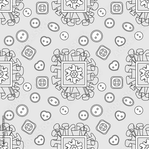 Seamless pattern with textile ruffles and sewing buttons. Creative classes, hand made. Vector Background