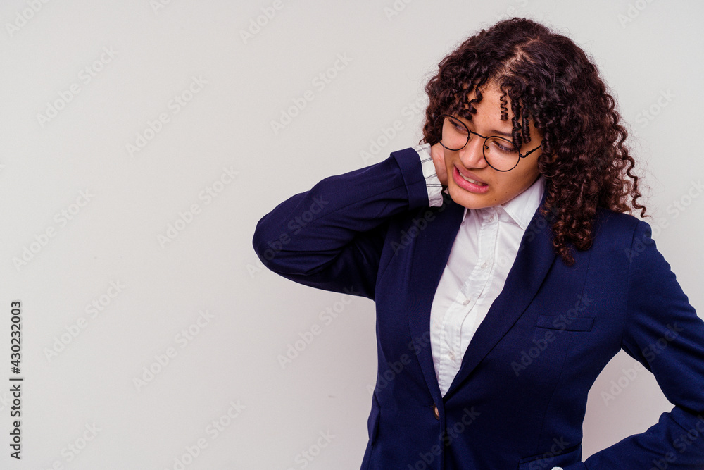 Young business mixed race woman isolated on white background touching back of head, thinking and making a choice. Young business mixed race woman isolated on white background touching back of head, thinking and making a choice.