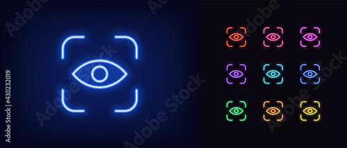Neon eye identify icon. Glowing neon eye scanner sign, outline iris recognition pictogram