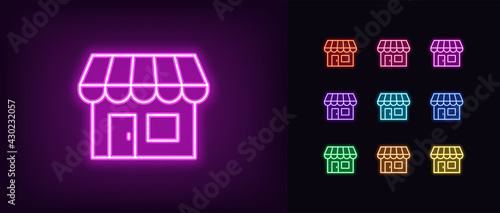 Neon small shop icon. Glowing neon store sign, outline storefront pictogram