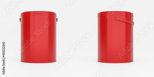 Red 1l plastic paint can / bucket / container with handle and no label, isolated on white background. photo