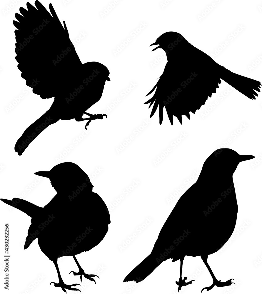 set of four small birds black silhouettes set of four small birds black silhouettes