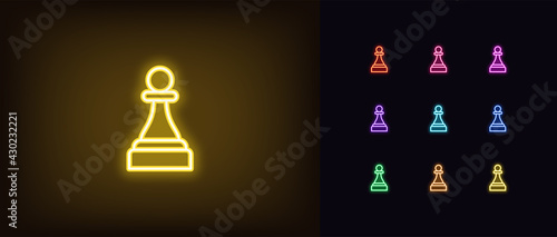 Neon chessmen pawn icon. Glowing neon pawn sign, outline chess piece