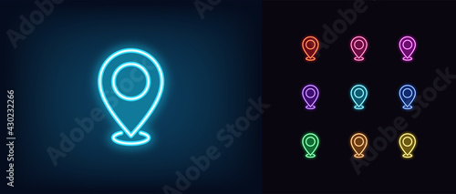 Neon map pin icon. Glowing neon marker sign, outline pointer pictogram