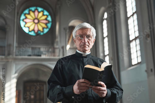 Fotografiet Portrait of senior priest holding the Bible and looking at camera while standing