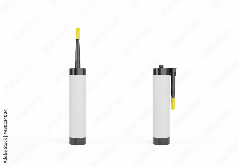 Black silicone container tube with yellow nozzle cap, blank label, isolated on white background. Black silicone container tube with yellow nozzle cap, blank label, isolated on white background.