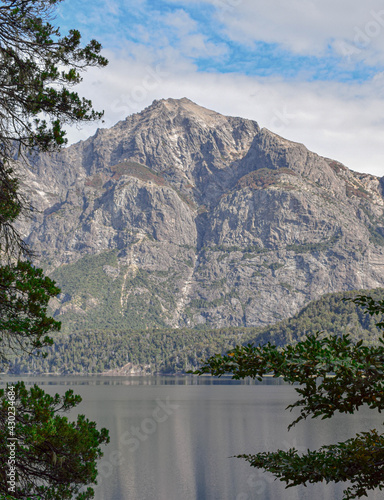 Mountain and lake with trees in South America.