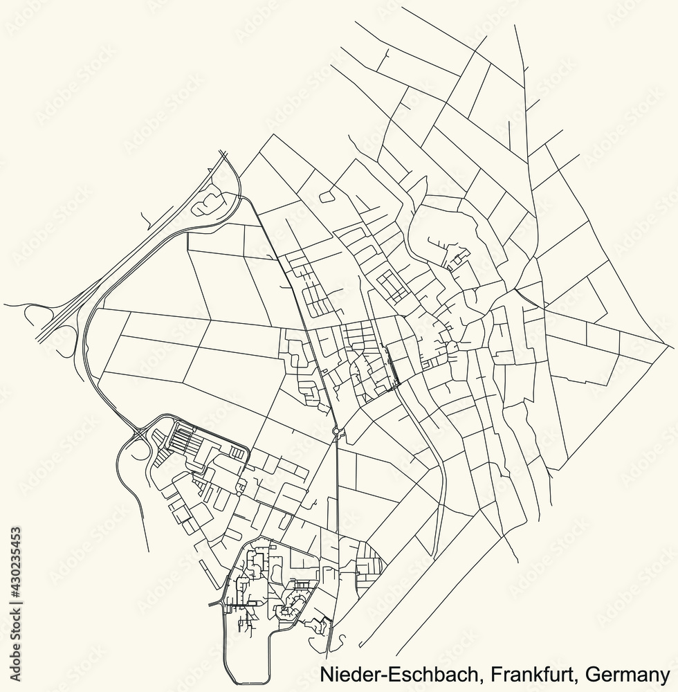 Black simple detailed street roads map on vintage beige background of the neighbourhood Nieder-Eschbach district (ortsbezirk) of Frankfurt am Main, Germany