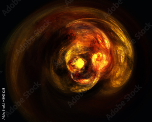 Abstract 3d illustration in red hot golden colors. Solar funnel or tunnel in infinity.  Emotional and bright, vivid and attractive dynamic spherical shape with fiery haze around. 