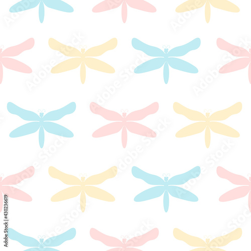 Seamless vector pattern with cute colorful dragonfly isolated on white background. Funny hand drawn texture for kids room decor, nursery art, wrapping paper, textile, print, fabric, wallpaper, gift.