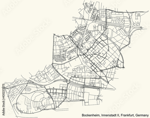 Black simple detailed street roads map on vintage beige background of the neighbourhood Bockenheim city district of the Innenstadt II urban district (ortsbezirk) of Frankfurt am Main, Germany