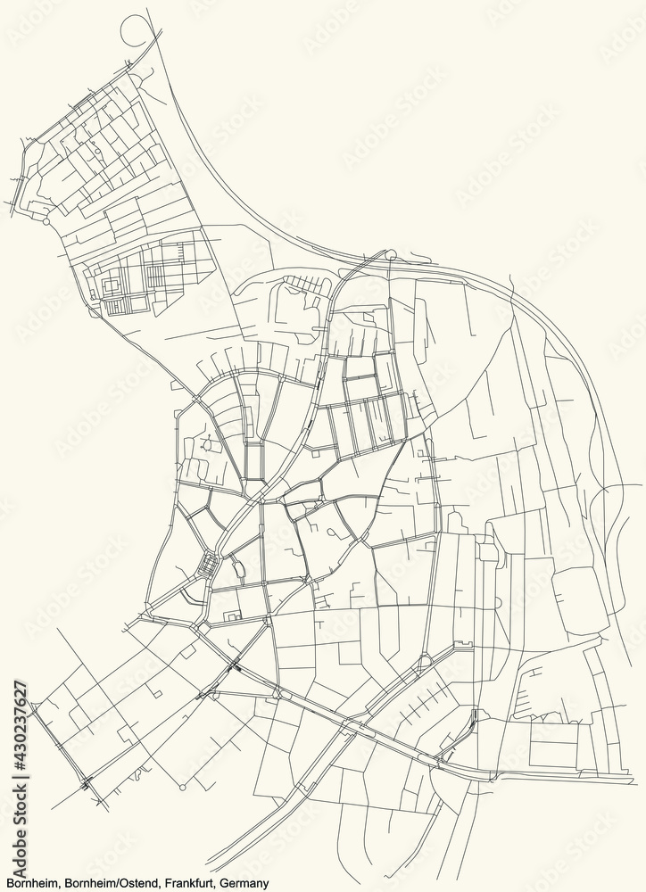 Black simple detailed street roads map on vintage beige background of the neighbourhood Bornheim city district of the Bornheim/Ostend urban district (ortsbezirk) of Frankfurt am Main, Germany