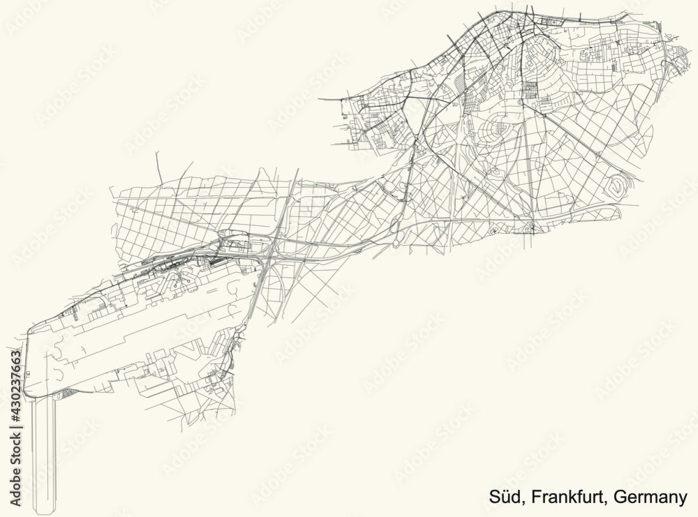 Black simple detailed street roads map on vintage beige background of the neighbourhood Süd district (ortsbezirk) of Frankfurt am Main, Germany