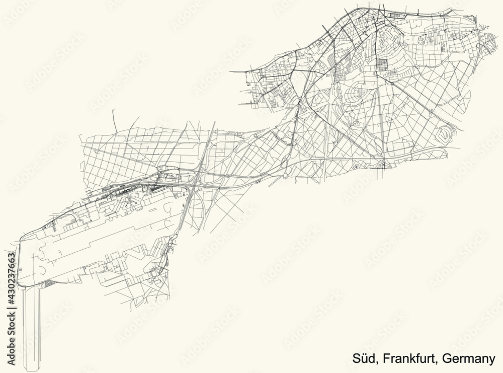 Obraz premium Black simple detailed street roads map on vintage beige background of the neighbourhood Süd district (ortsbezirk) of Frankfurt am Main, Germany