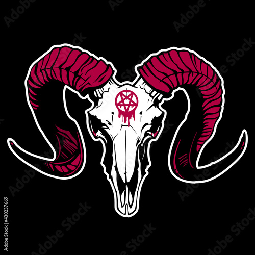 goat skull with red horns and a pentagram on forehead