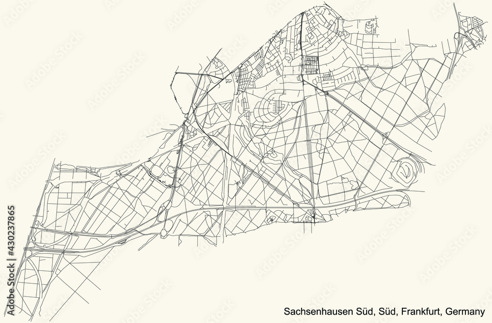 Black simple detailed street roads map on vintage beige background of the neighbourhood Sachsenhausen-Süd city district of the Süd urban district (ortsbezirk) of Frankfurt am Main, Germany