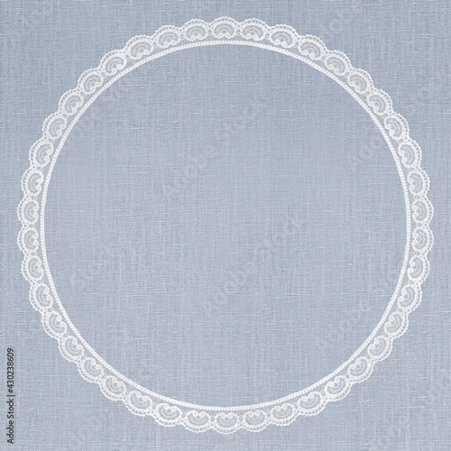 White Lace Frame on Pastel Blue Linen Texture
