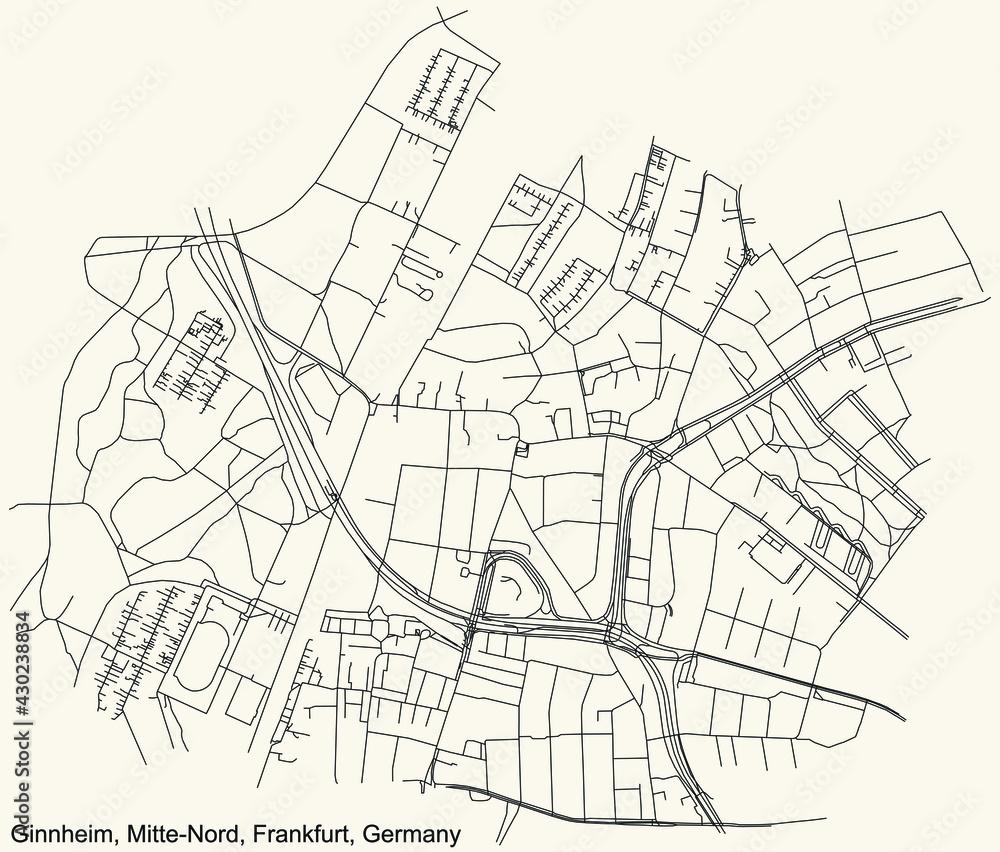 Black simple detailed street roads map on vintage beige background of the neighbourhood Ginnheim city district of the Mitte-Nord urban district (ortsbezirk) of Frankfurt am Main, Germany