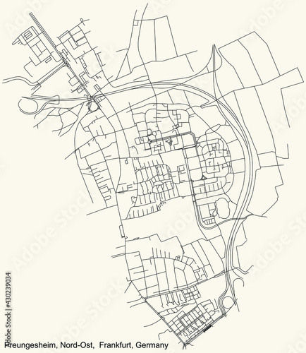 Black simple detailed street roads map on vintage beige background of the neighbourhood Preungesheim city district of the Nord-Ost urban district (ortsbezirk) of Frankfurt am Main, Germany