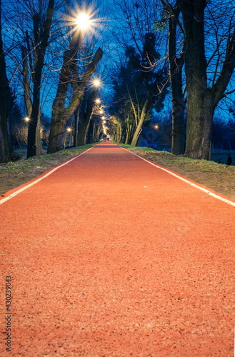 Fotografie Red running lane in a public park in the evening