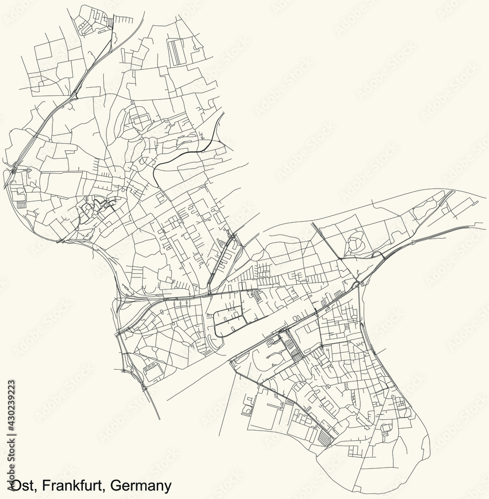 Fototapeta premium Black simple detailed street roads map on vintage beige background of the neighbourhood Ost district (ortsbezirk) of Frankfurt am Main, Germany
