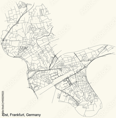 Black simple detailed street roads map on vintage beige background of the neighbourhood Ost district (ortsbezirk) of Frankfurt am Main, Germany