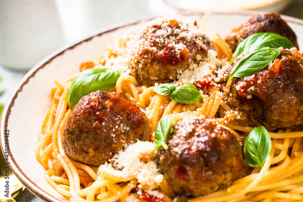 Pasta with Meatballs in tomato sauce. Close up.