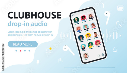 Clubhouse invite-only social network based on audio-chat. The screen of the device with avatars of community members. Vector illustration in flat style, template for landing page, banner