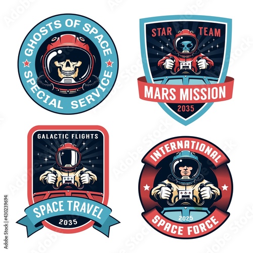 Space badge set with Astronaut. Spaceship pilot and alien vintage logo. Vector illustration.