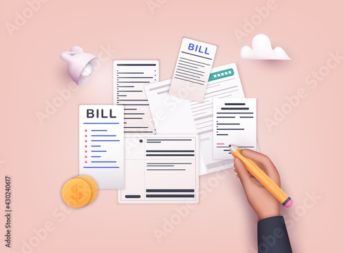 Hand signature bills with pencil. Payment of utility, bank, restaurant and other. 3D Web Vector Illustrations.