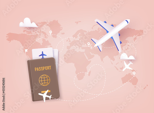 Traveling on airplane, planning a summer vacation, tourism. Online ticket concept. 3D Vector Illustrations.